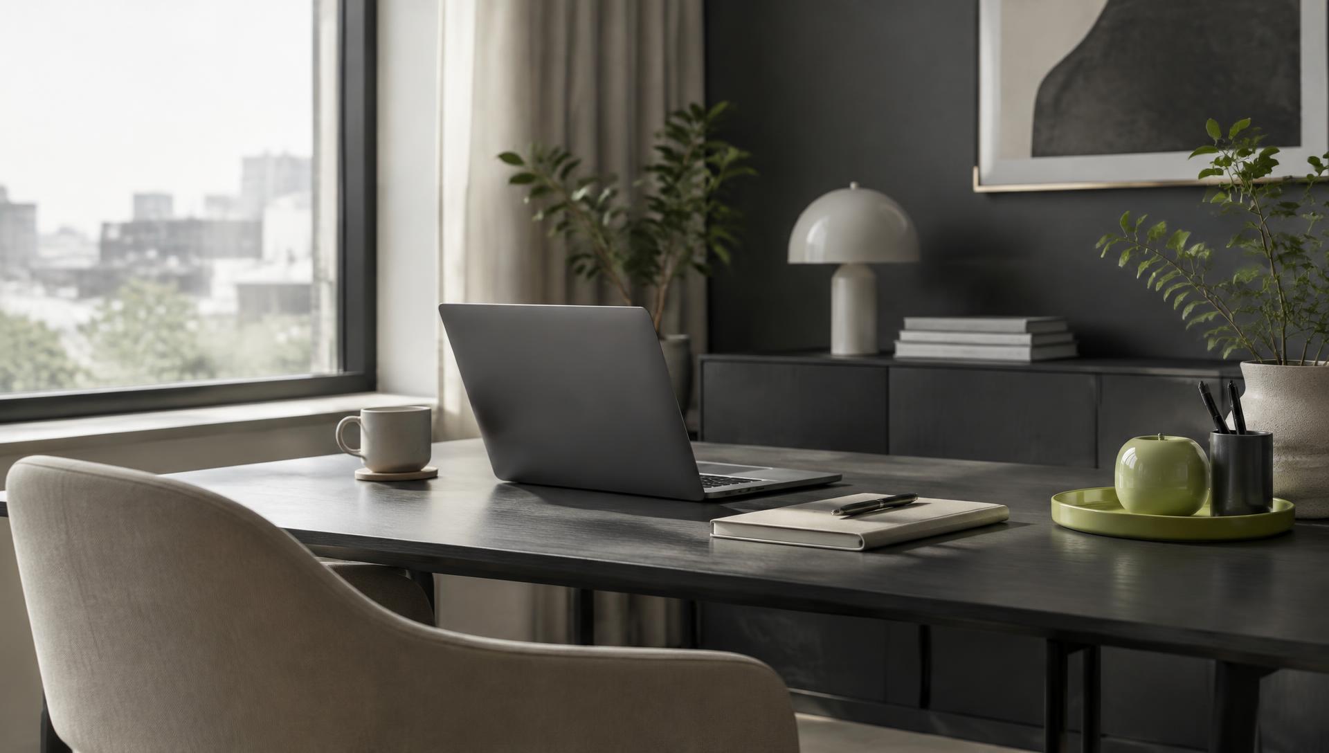 Modern minimalist workspace with a laptop on a dark desk, soft window light and a lime green accent